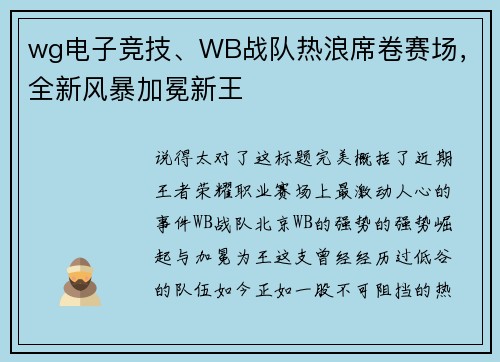 wg电子竞技、WB战队热浪席卷赛场，全新风暴加冕新王